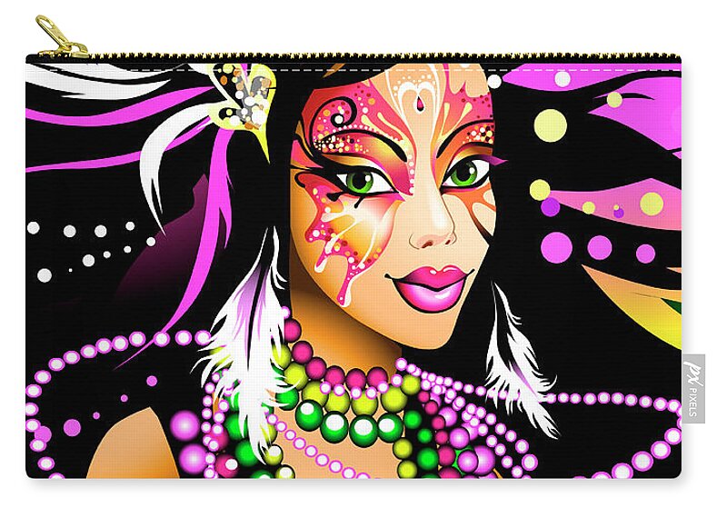Celebration Zip Pouch featuring the digital art Young Woman Wearing Mardi Gras Beads by New Vision Technologies Inc