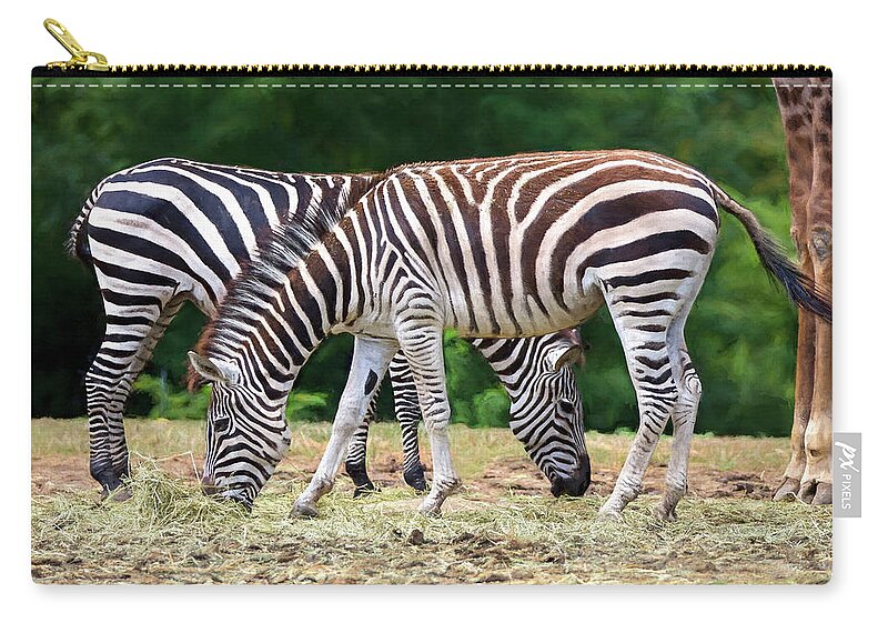 Zebra Zip Pouch featuring the photograph Zebras and a Giraffe by Deborah Penland