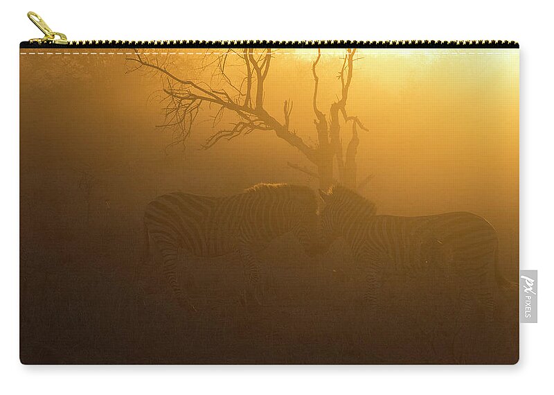 Africa Zip Pouch featuring the photograph Zebras in the Morning Mist by Patrick Nowotny