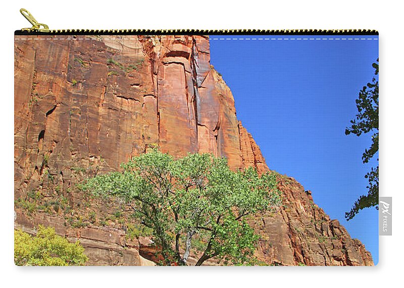 Zion Mountain R9idge Red Rocks Trees Of Green Blue Sky Too 6421 Zip Pouch featuring the photograph Zion mountain r9idge red rocks trees of green blue sky too 6421 by David Frederick