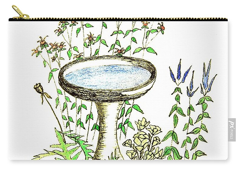 Birdbath Zip Pouch featuring the drawing A Lingering Place #2 by Karen Nice-Webb