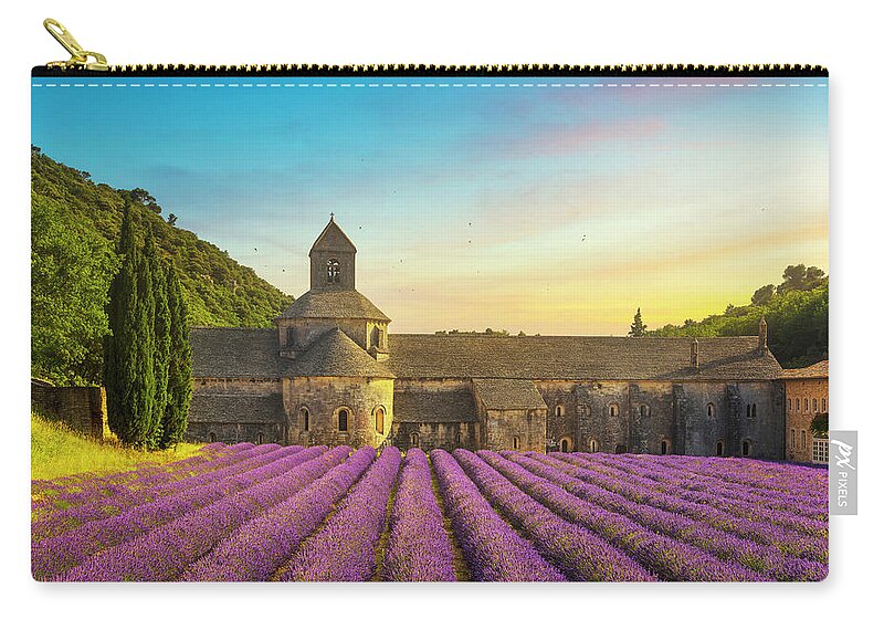 Senanque Zip Pouch featuring the photograph Senanque Abbey at Sunset by Stefano Orazzini
