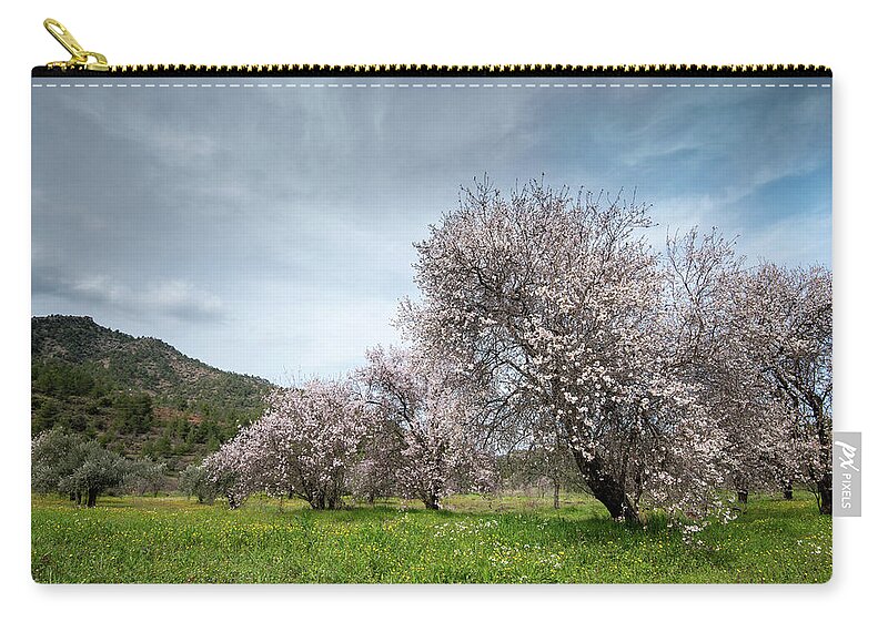 Spring Zip Pouch featuring the photograph Almond trees bloom in spring against blue sky. #2 by Michalakis Ppalis
