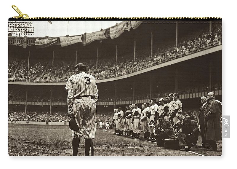 Babe Ruth Zip Pouch featuring the photograph Babe's Farewell at Yankee Stadium #1 by Nat Fein