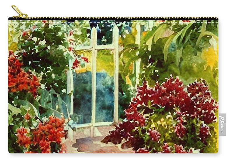 Watercolor Zip Pouch featuring the painting Behind the Garden Gate #1 by Bonnie Bruno