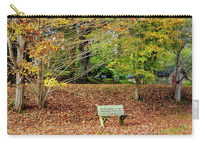 Barns Zip Pouch featuring the photograph Bench in the Fallen Leaves Creeper Trail in Autumn Fall Colors D #1 by Debra and Dave Vanderlaan
