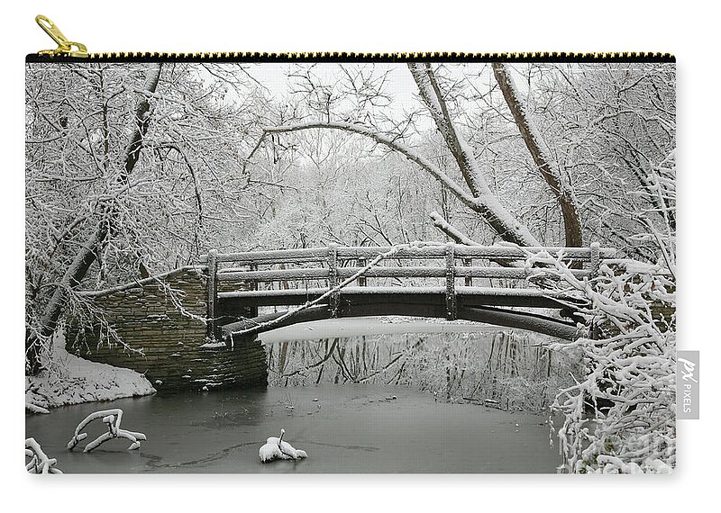 Bridge Zip Pouch featuring the photograph Bridge in Winter #1 by Timothy Johnson