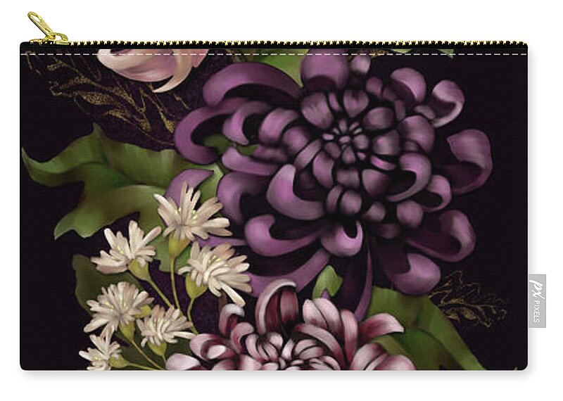 Chinoiserie Carry-all Pouch featuring the digital art Chrysanthemums and Butterfly Modern Chinoiserie dark purple by Sand And Chi