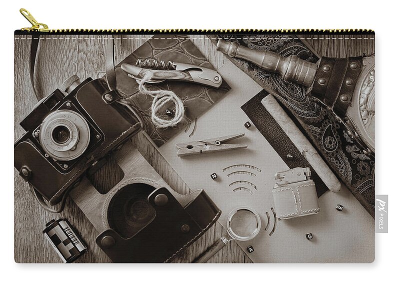Accessory Zip Pouch featuring the photograph Close up of the collection of vintage style objects by Severija Kirilovaite