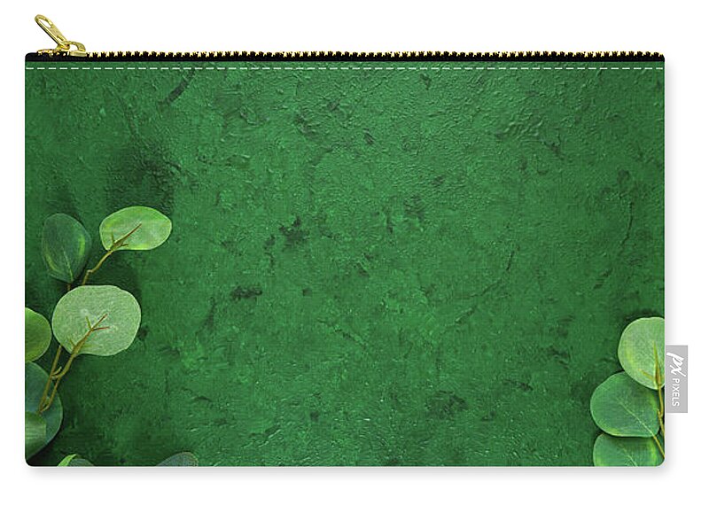 Dark Green Zip Pouch featuring the photograph Dark green aesthetic nature theme creative layout flat lay background. #1 by Milleflore Images
