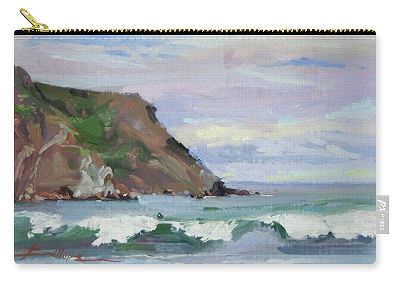 12x8 Plein Air Painting Captured On The Shore At Catalina. Original Is Available Zip Pouch featuring the painting Day's End Shark Harbor #2 by Elizabeth - Betty Jean Billups