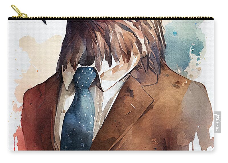 Eagle Zip Pouch featuring the painting Eagle in Suit Watercolor Hipster Animal Retro Costume #1 by Jeff Creation