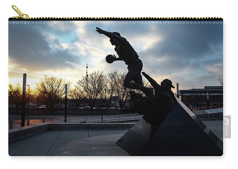 Msu Spartans Carry-all Pouch featuring the photograph Earvin Magic Johnson statue at sunset at Michigan State University by Eldon McGraw