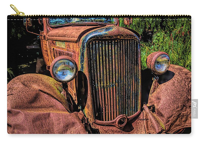 Funky Dodge Wine Truck Zip Pouch featuring the photograph Fender Bender at Old Edna Store #1 by Barbara Snyder