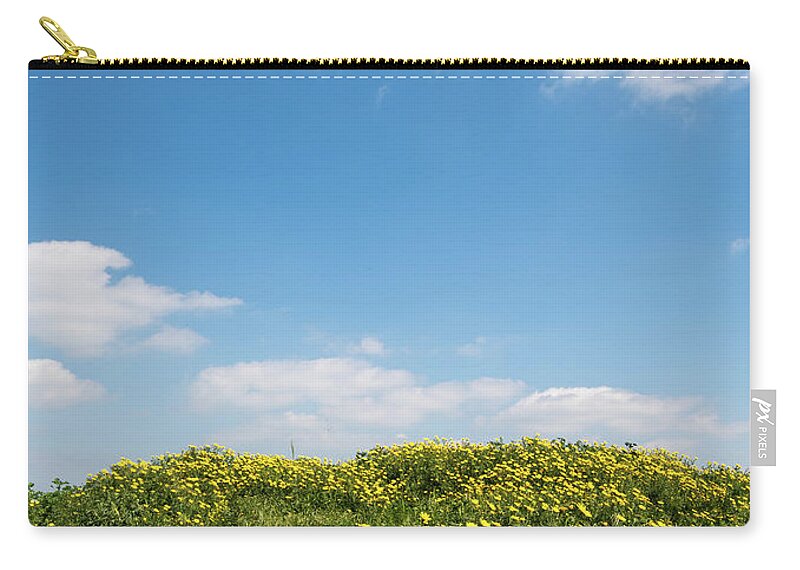Flowers Carry-all Pouch featuring the photograph Field with yellow marguerite daisy blooming flowers against and blue cloudy sky. Spring landscape nature background by Michalakis Ppalis