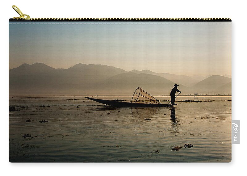 Fisherman Carry-all Pouch featuring the photograph Fisherman at Inle Lake by Arj Munoz