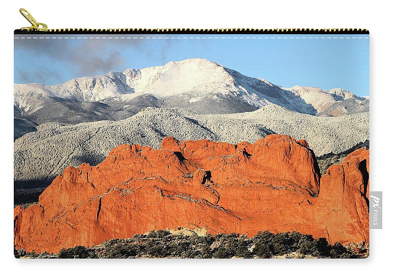 Garden Of The Gods Zip Pouch featuring the photograph Garden of the Gods and Pikes Peak #1 by Bob Falcone