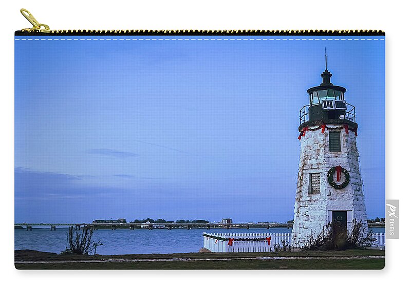 Goat Island Lighthouse Dressed For The Holidays Zip Pouch featuring the photograph Goat Island Lighthouse dressed for the Holidays #3 by Christina McGoran