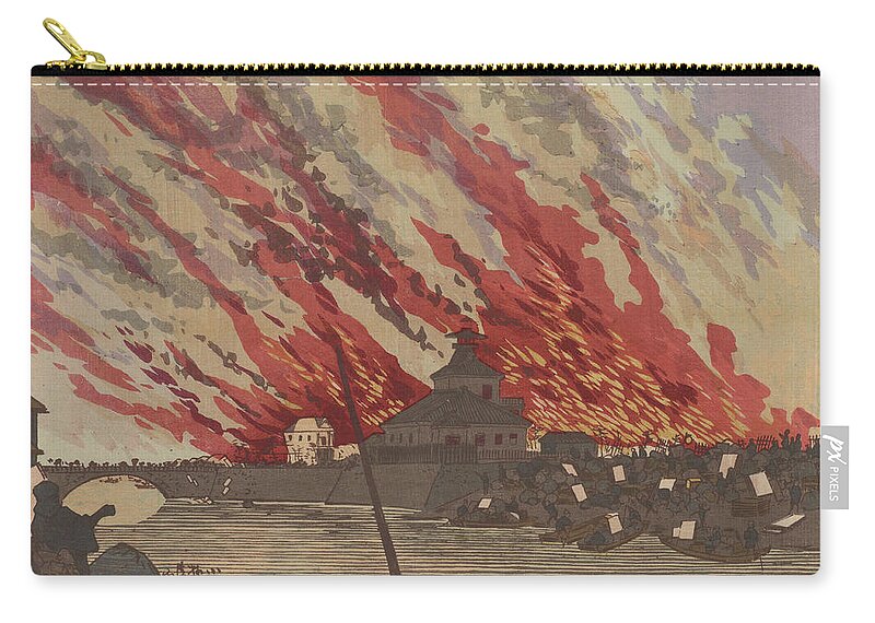 Kobayashi Kiyochika Zip Pouch featuring the painting Great Fire in Ry goku at Asakusa Bridge #1 by Kobayashi Kiyochika