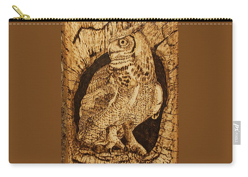 Great Horned Owl Zip Pouch featuring the pyrography Great Horned Owl by Terry Frederick