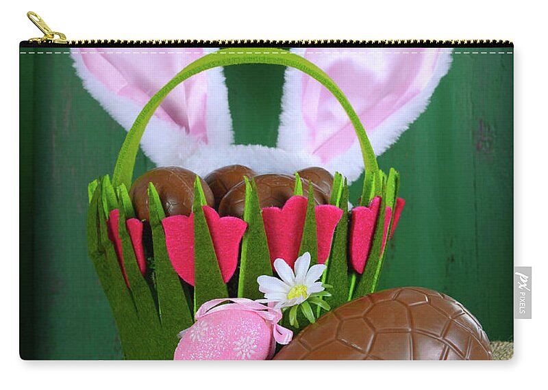 Basket Zip Pouch featuring the photograph Happy Easter green background #1 by Milleflore Images
