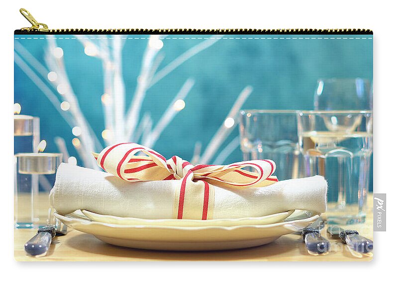 Background Zip Pouch featuring the photograph Holiday table place setting with focus on napkin #1 by Milleflore Images