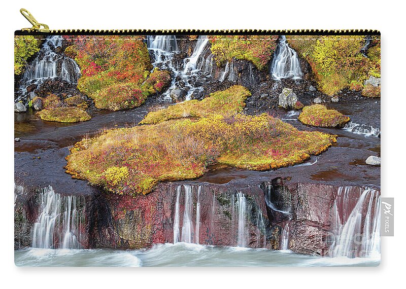 Attraction Zip Pouch featuring the photograph Hraunfossar or Lava Falls, Snaefellsnes peninsula, Iceland. This #1 by Jane Rix