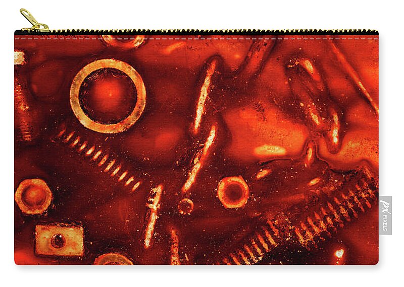 Rust Zip Pouch featuring the mixed media Imprint of rusty bolts, nuts, springs and other items #1 by Michal Boubin