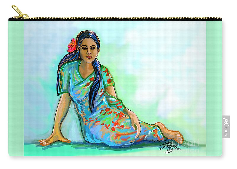 Indian Woman With Sari Carry-all Pouch featuring the digital art Indian Woman With Flower by Stacey Mayer