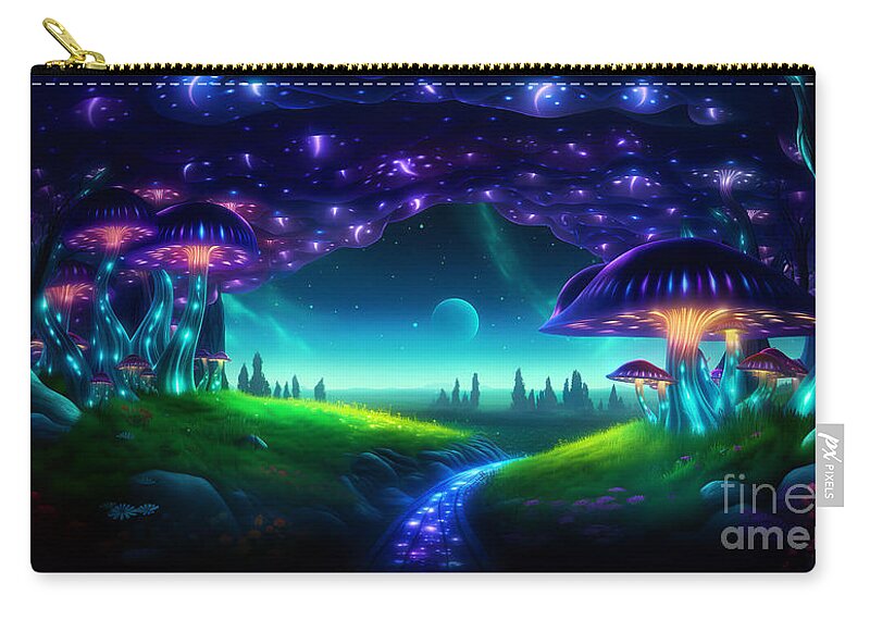 Fireflies Zip Pouch featuring the digital art Magical fairy tale landscape with many shining mushrooms and glow of fireflies. #1 by Odon Czintos