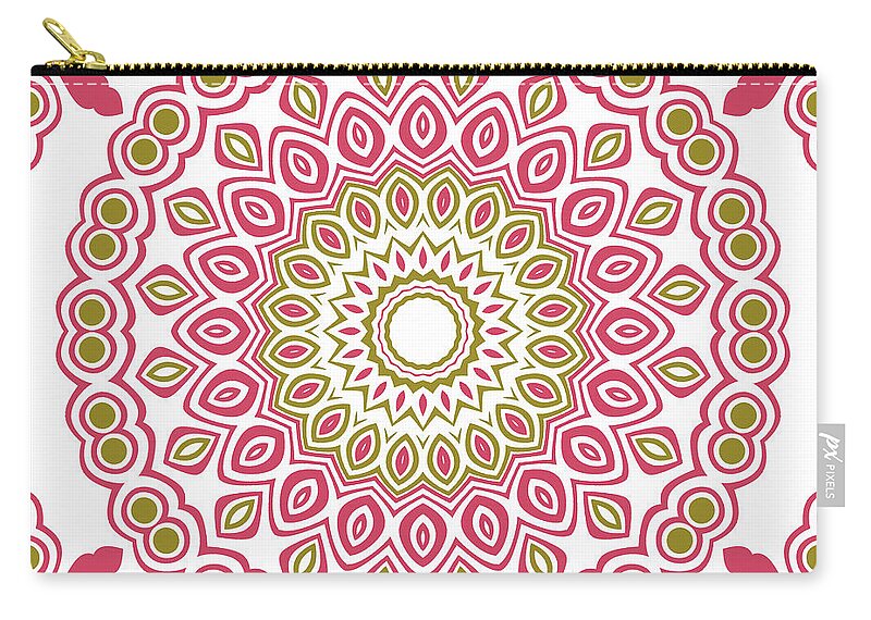 Pink And Green Zip Pouch featuring the digital art Pink and Green Mandala Kaleidoscope Medallion Flower #2 by Mercury McCutcheon