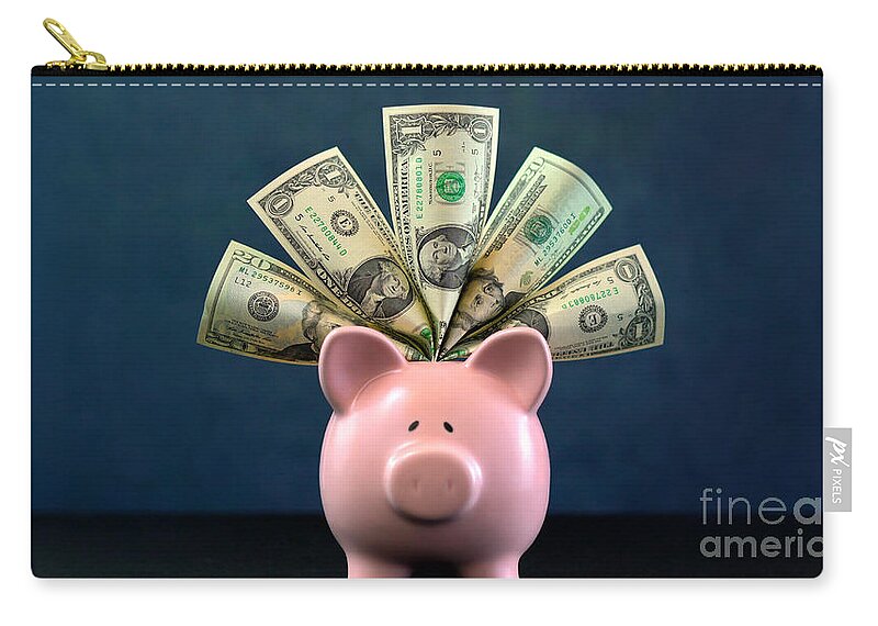 401k Zip Pouch featuring the photograph Pink Piggy bank money concept on dark blue background #1 by Milleflore Images
