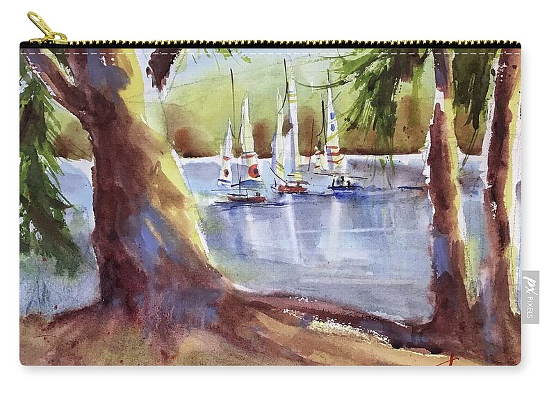 Landscape Zip Pouch featuring the painting Sailing on First Lake #1 by Judith Levins
