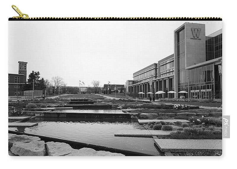 Western Michigan University Zip Pouch featuring the photograph Sangren Hall at Western Michigan University in black and white #1 by Eldon McGraw