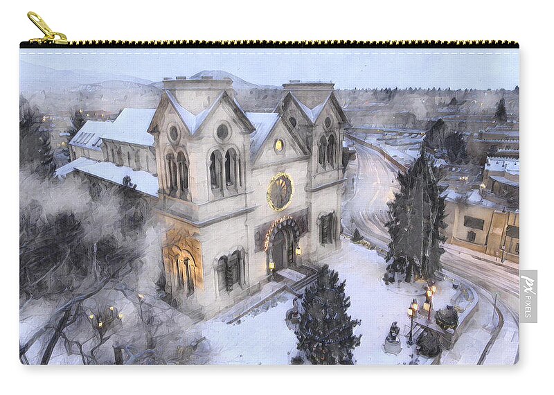 Church Zip Pouch featuring the digital art Santa Fe Cathedral by Aerial Santa Fe