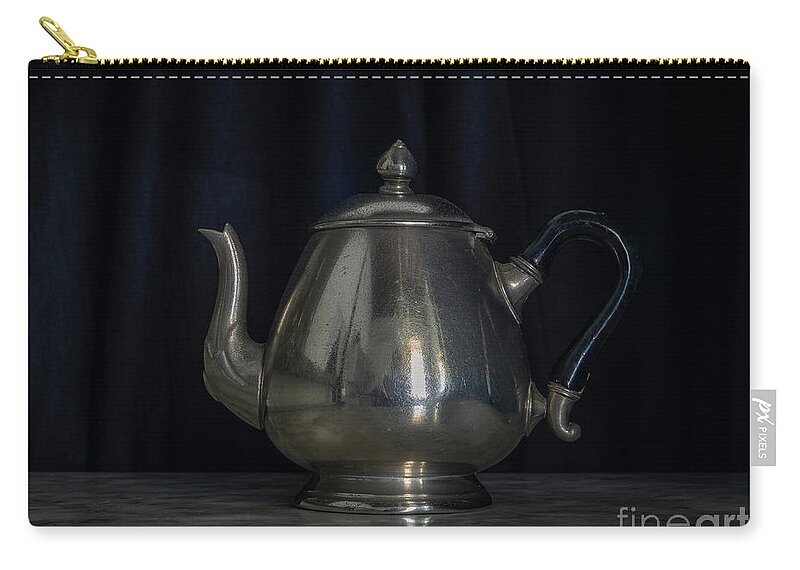 Past Zip Pouch featuring the photograph Silver and Brass Teapots Black Background Marble Table by Pablo Avanzini