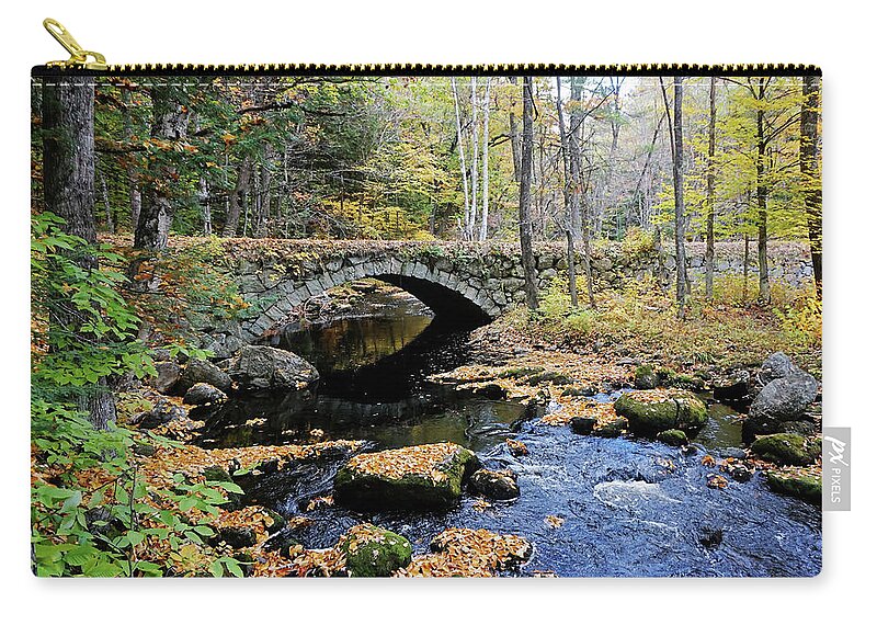 Stone Arch Autumn New England Hampshire Nh Bridge Water Stream Trout Fishing Leaves Foliage Fall Brook Zip Pouch featuring the photograph Stone Arch Bridge in Autumn by Wayne Marshall Chase