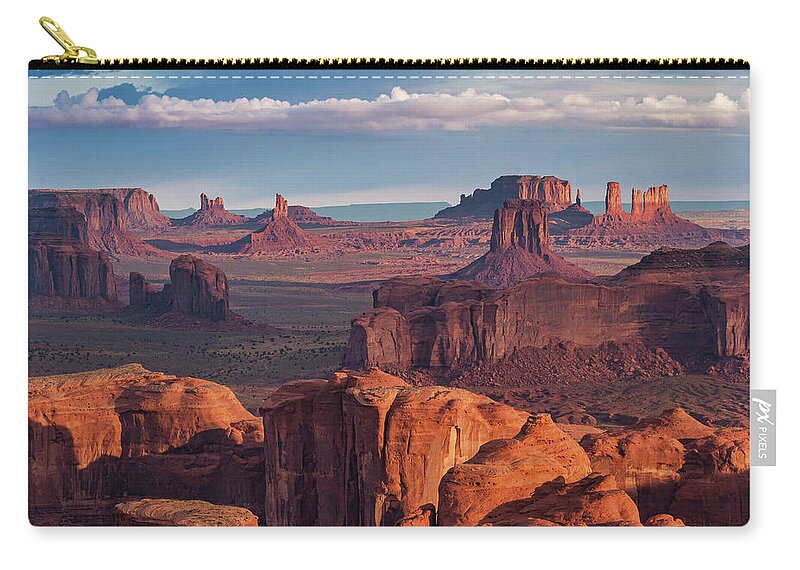 Southwest Desert Arizona Monument Valley Dineh Sunrise Stagecoach Red Rock Colorado Plateau Carry-all Pouch featuring the photograph Sunrise from Hunt's Mesa by Dan Norris