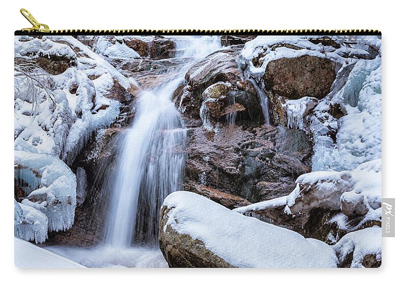 Swiftwater Falls Zip Pouch featuring the photograph Swiftwater Falls, Winter #1 by Jeff Sinon