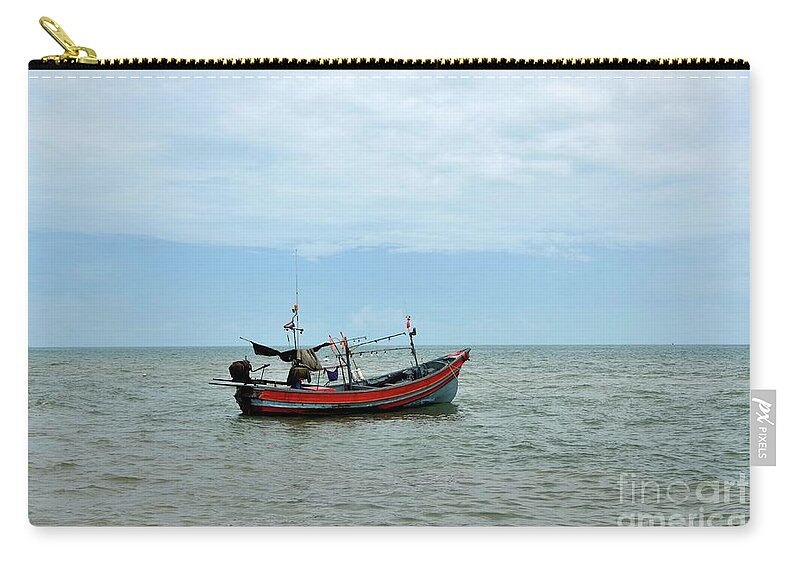 Thai fishing boat with motor parked at sea by beach in Pattani fishing  village Thailand #3 Zip Pouch by Imran Ahmed - Fine Art America