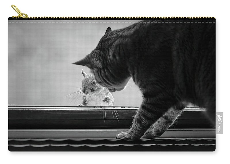 Animal Zip Pouch featuring the photograph The Cat and The Squirrel #1 by Bob Orsillo