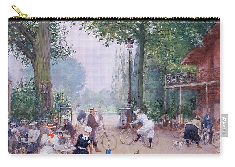 Jean Beraud Zip Pouch featuring the painting The Cycle Chalet in the Bois de Boulogne by Jean Beraud by Mango Art