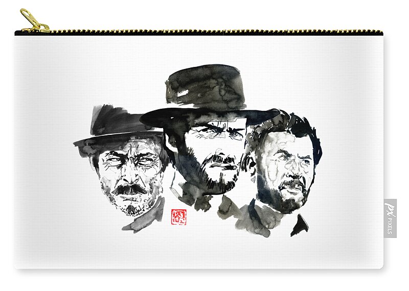 Clint Eastwood Carry-all Pouch featuring the drawing The Good The Bad The Ugly by Pechane Sumie
