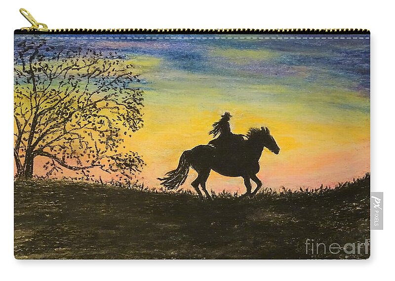Sunset Zip Pouch featuring the painting Granddaughter on a Mule by Lisa Rose Musselwhite