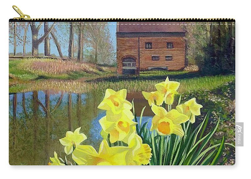 The Mill Brewery Zip Pouch featuring the painting Dappled Dreams, Towcester Mill at Spring by Caroline Swan