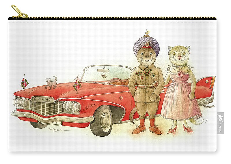 Cat Cats Car Crime Detective Investigation Party Dinner Red Classy Redcar Plymouth Celebrities Watercolor Illustration Carry-all Pouch featuring the drawing The Missing Picture17 by Kestutis Kasparavicius