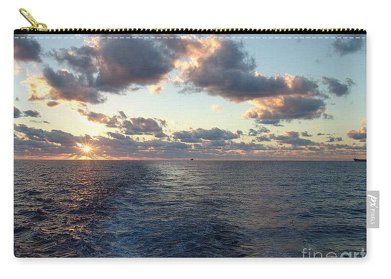 #gulfofmexico #underway #highseas #evening #dusk #sunset #nightfall #clouds #cloudy #tealskies #peachskies #wake #sprucewoodstudios Zip Pouch featuring the photograph Trails in the Sea by Charles Vice