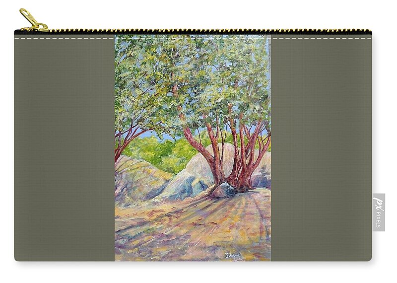 The Colorful Shadows In The High Desert Make A Colored Mosaic On The Ground Zip Pouch featuring the painting Tree Shadows by Charme Curtin