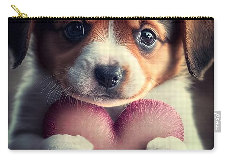 Puppy With Heart Zip Pouch featuring the mixed media Valentine Puppy 0 #1 by Lilia S