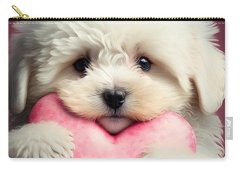 Puppy With Heart Zip Pouch featuring the mixed media Valentine Puppy 2 #1 by Lilia S
